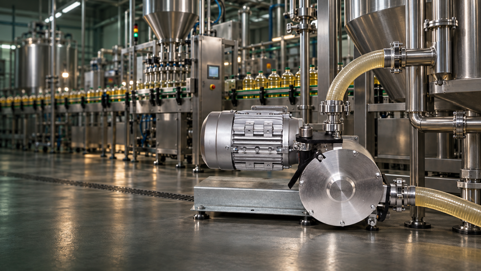 Pompa ICOM integrata in una linea di produzione e confezionamento di olio alimentare